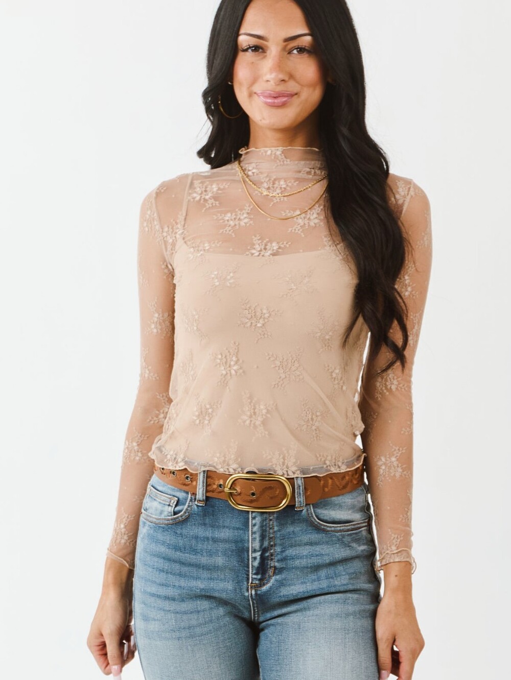 BEIGE SCALLOPED RUFFLED SHEER FLORAL MESH LACE LONG SLEEVE LAYERING TOP MEDIUM